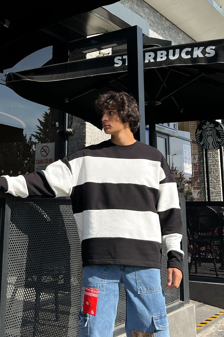 Mini Text Çizgili Oversize Sweatshirt