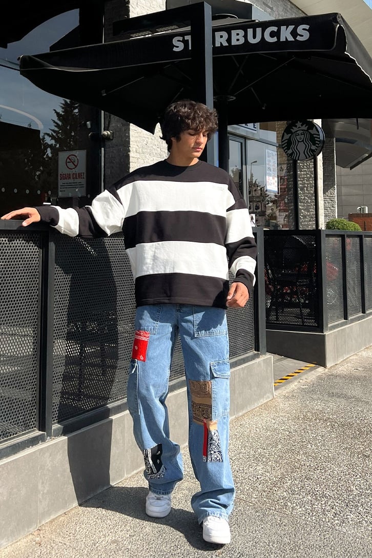 Mini Text Çizgili Oversize Sweatshirt