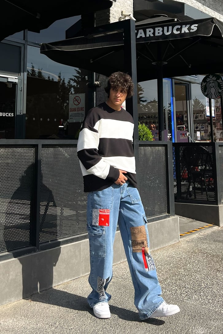 Mini Text Çizgili Oversize Sweatshirt