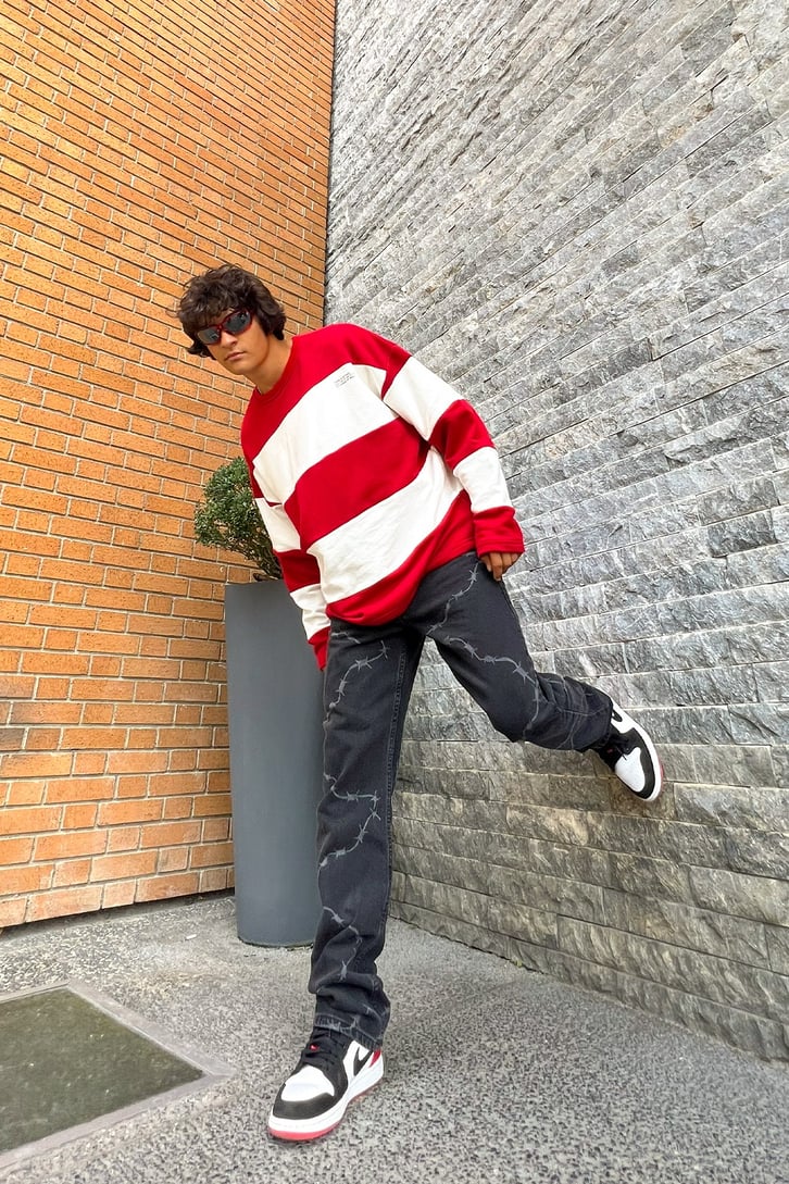 Mini Text Çizgili Oversize Sweatshirt
