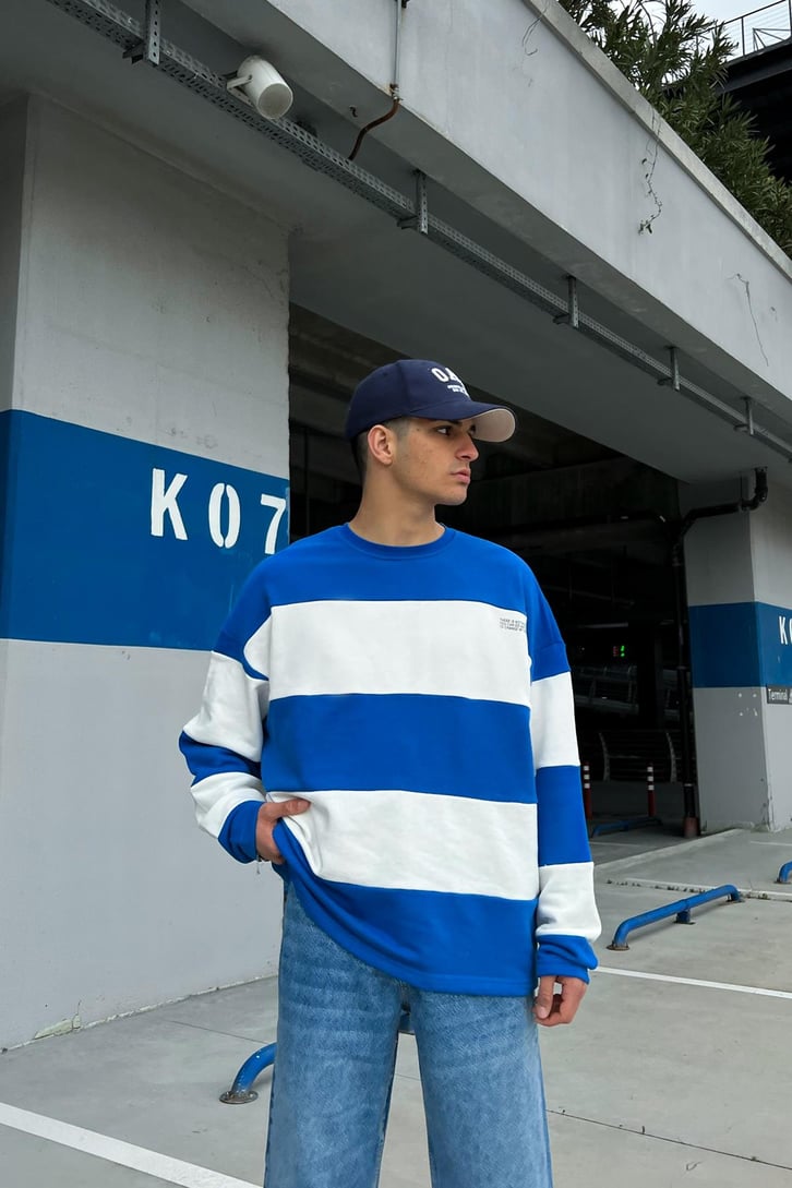 Mini Text Çizgili Oversize Sweatshirt
