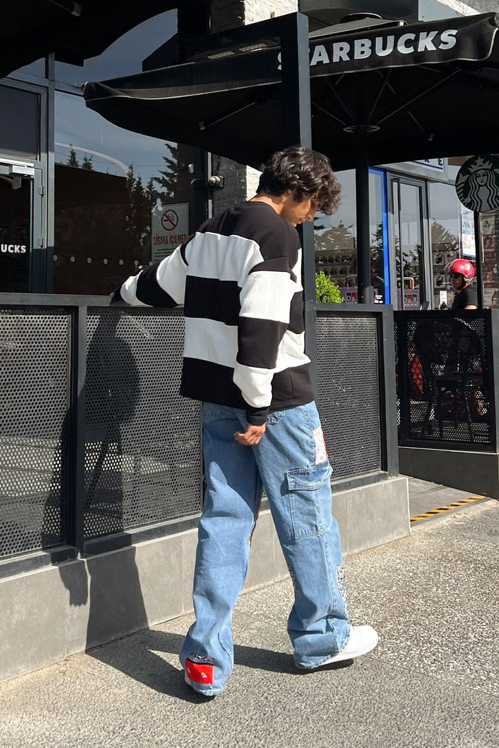Mini Text Çizgili Oversize Sweatshirt