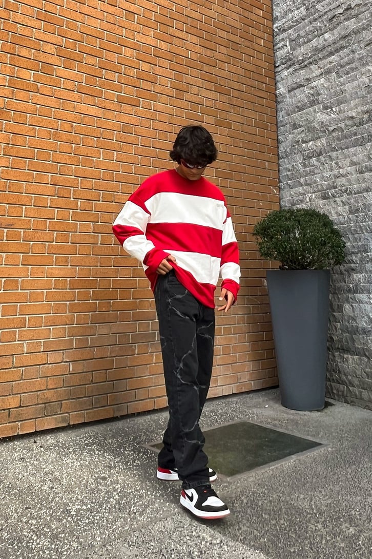Mini Text Çizgili Oversize Sweatshirt