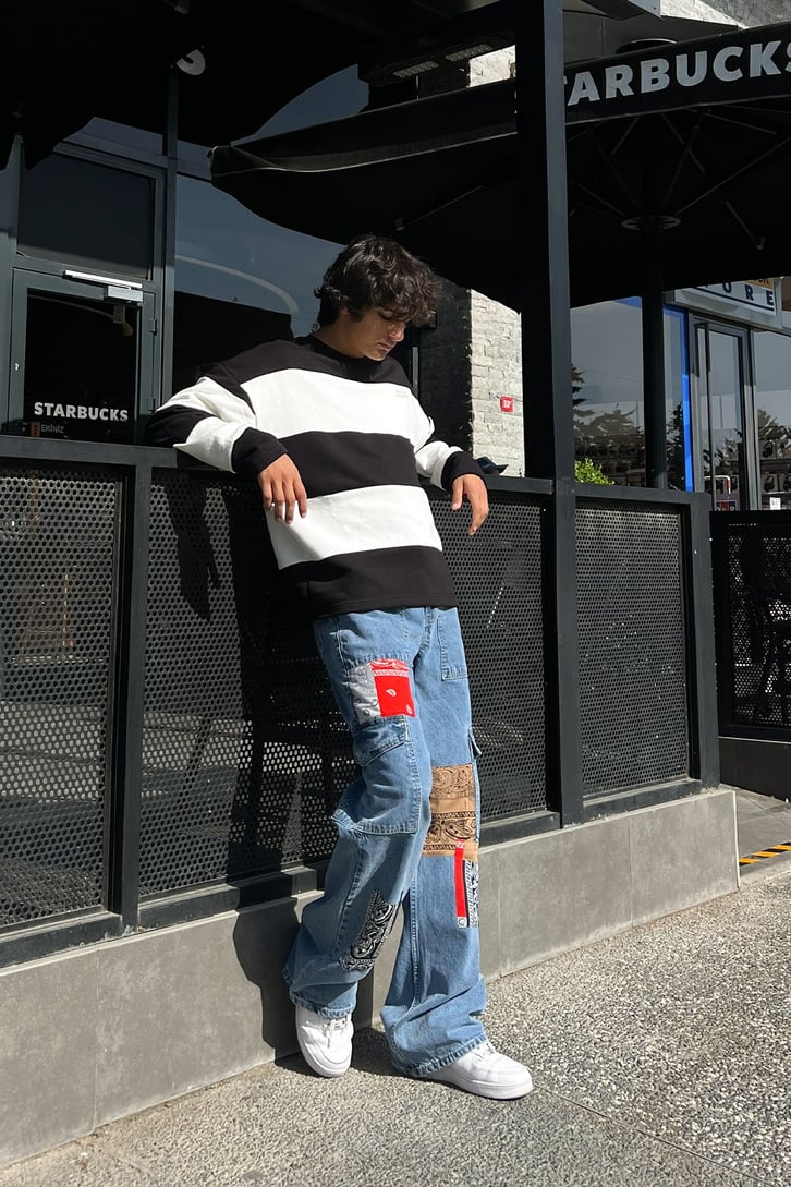 Mini Text Çizgili Oversize Sweatshirt