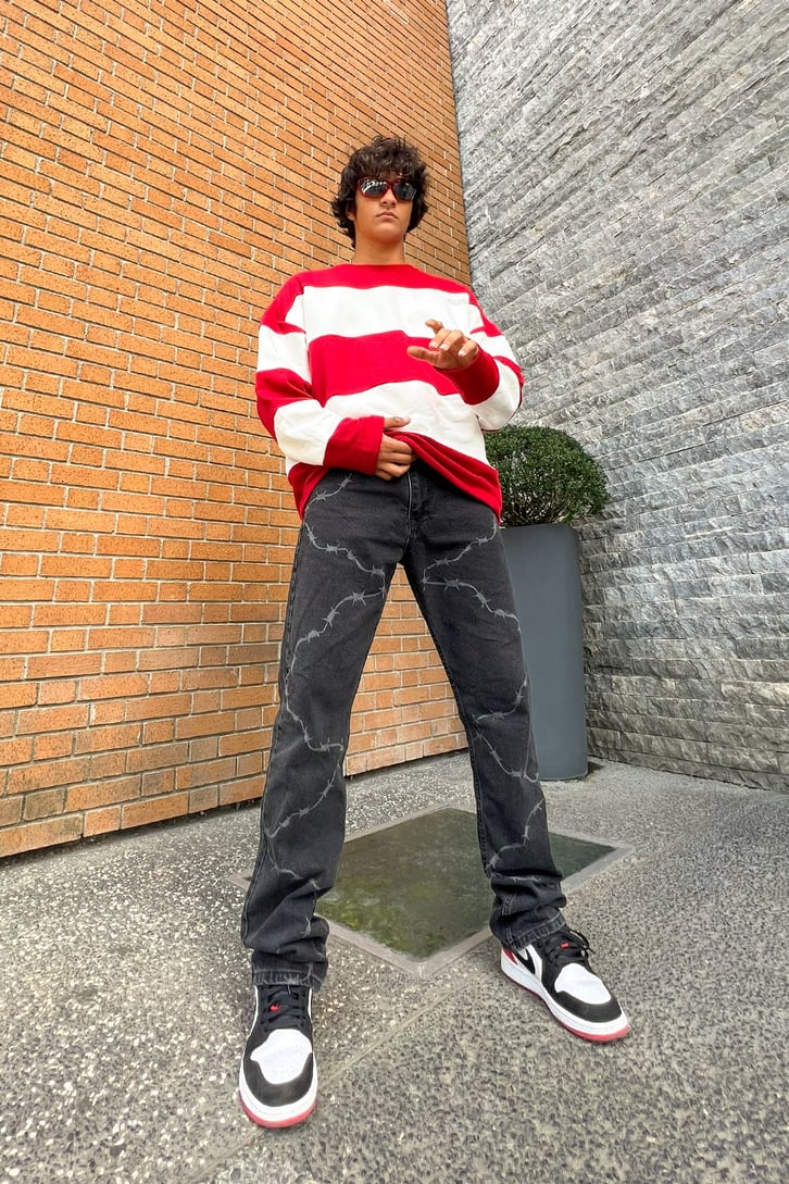 Mini Text Çizgili Oversize Sweatshirt