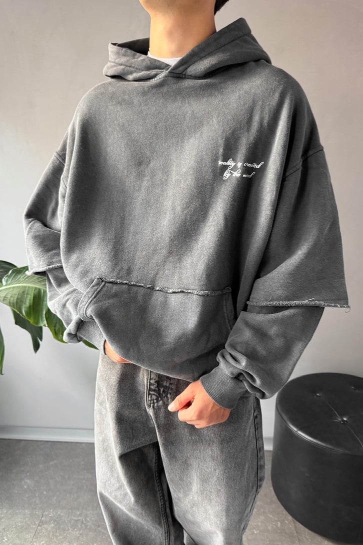 Minimal Baskılı Double Kol Hoodie