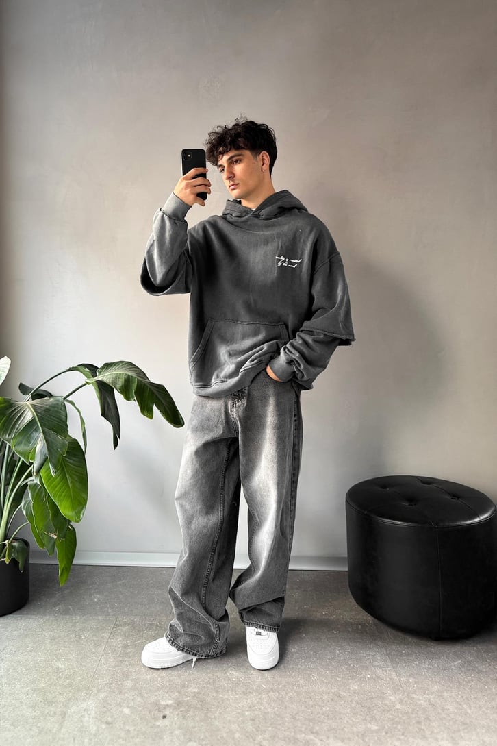 Minimal Baskılı Double Kol Hoodie