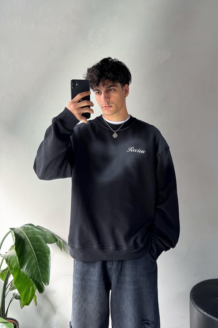 Minimal Baskılı Oversize Bisiklet Yaka Sweatshirt