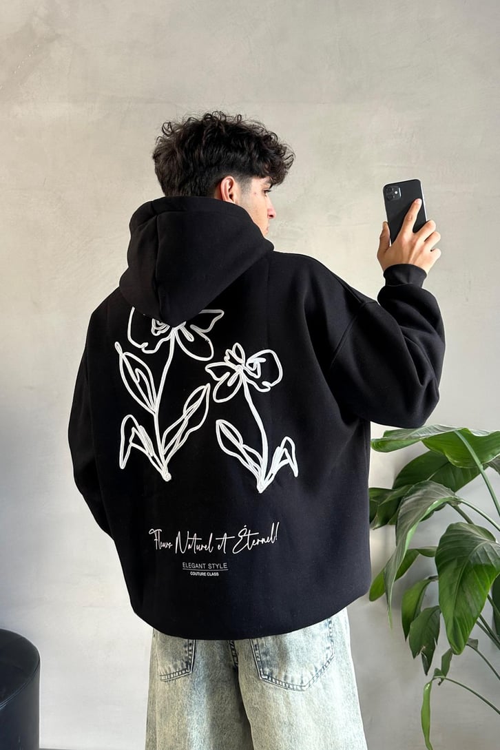 Minimal Baskılı Oversize Hoodie