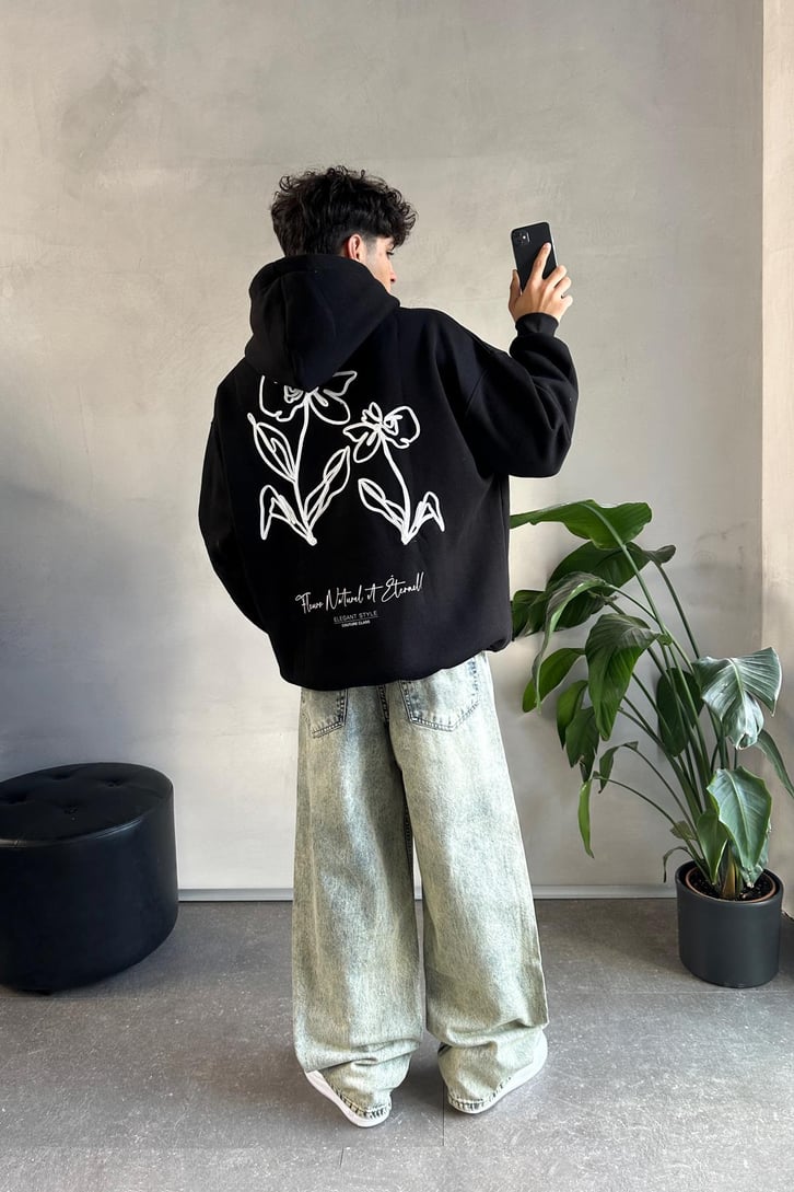 Minimal Baskılı Oversize Hoodie
