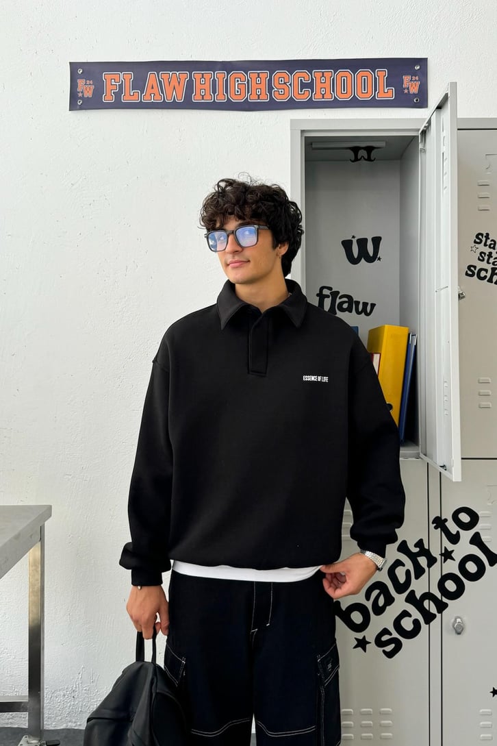 Minimal Baskılı Polo Yaka Oversize Sweatshirt