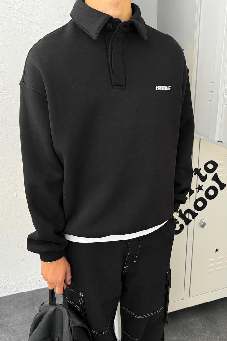 Minimal Baskılı Polo Yaka Oversize Sweatshirt