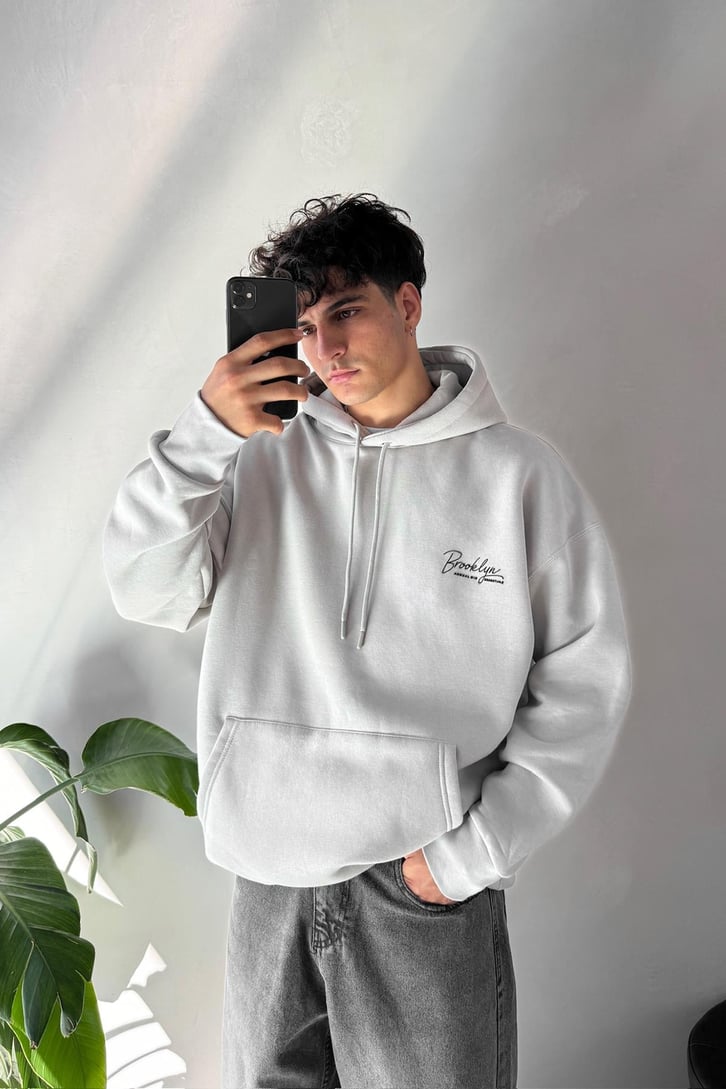 Minimal Brooklyn Baskılı Oversize Hoodie