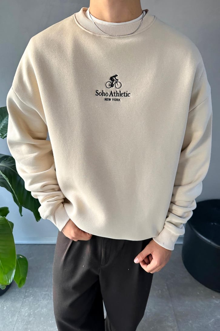 Minimal Nakışlı Bisiklet Yaka Sweatshirt