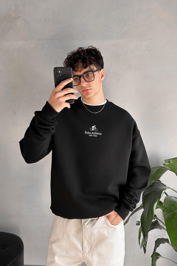 Minimal Nakışlı Bisiklet Yaka Sweatshirt