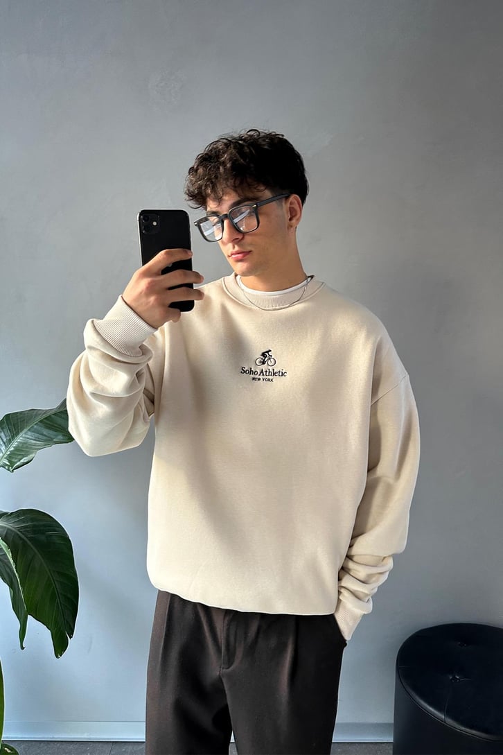 Minimal Nakışlı Bisiklet Yaka Sweatshirt
