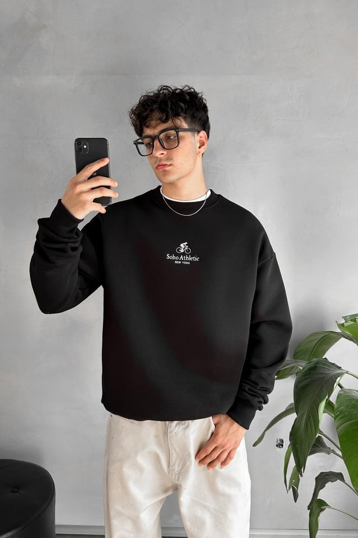 Minimal Nakışlı Bisiklet Yaka Sweatshirt
