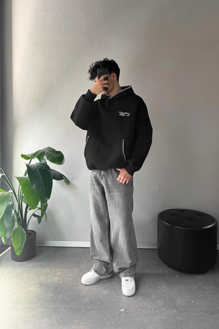 Minimal Nakışlı Oversize Hoodie