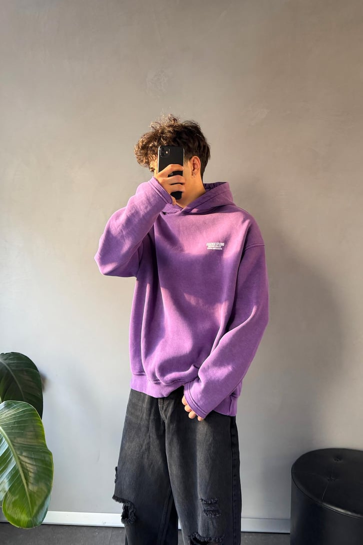 Minimal Nakışlı Sırt Detay Oversize Hoodie
