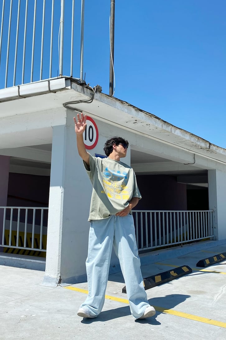 Minimal Object Baskılı Çam Yeşili Oversize Tshirt