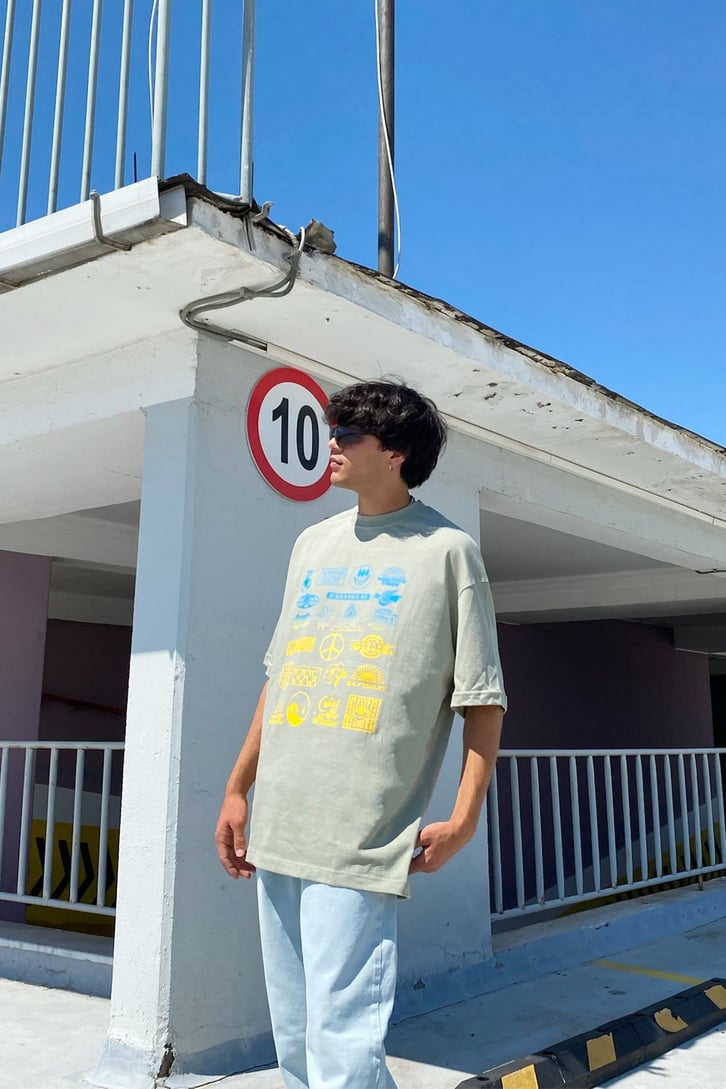 Minimal Object Baskılı Çam Yeşili Oversize Tshirt