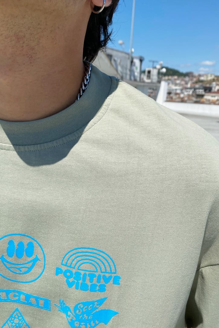 Minimal Object Baskılı Çam Yeşili Oversize Tshirt