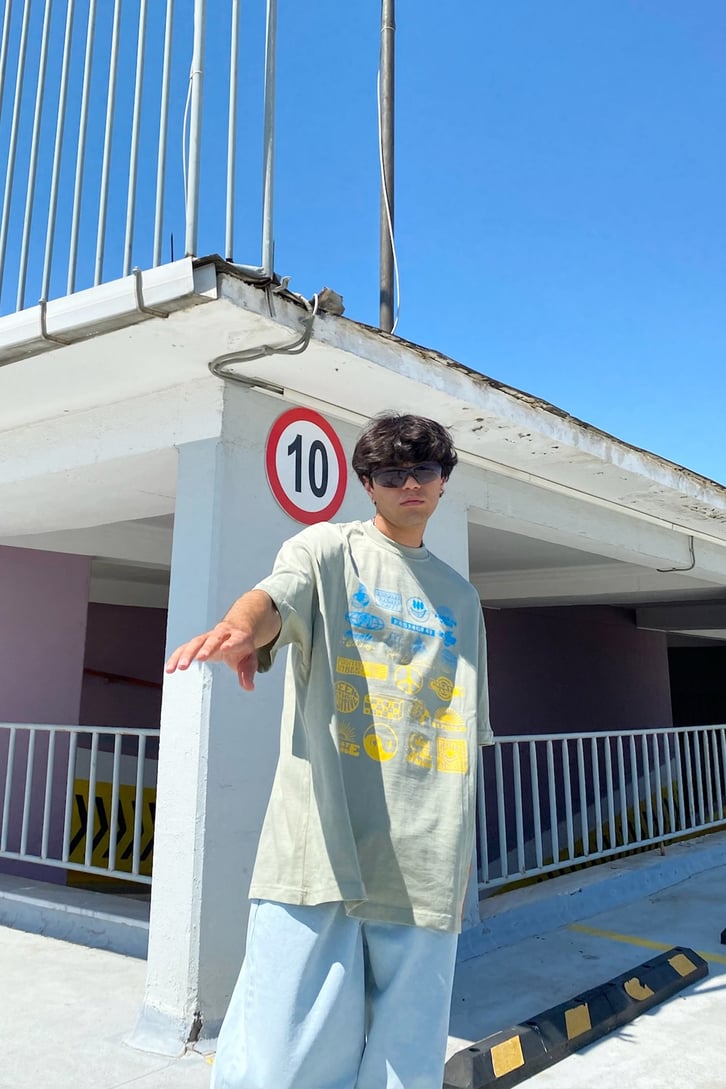 Minimal Object Baskılı Çam Yeşili Oversize Tshirt