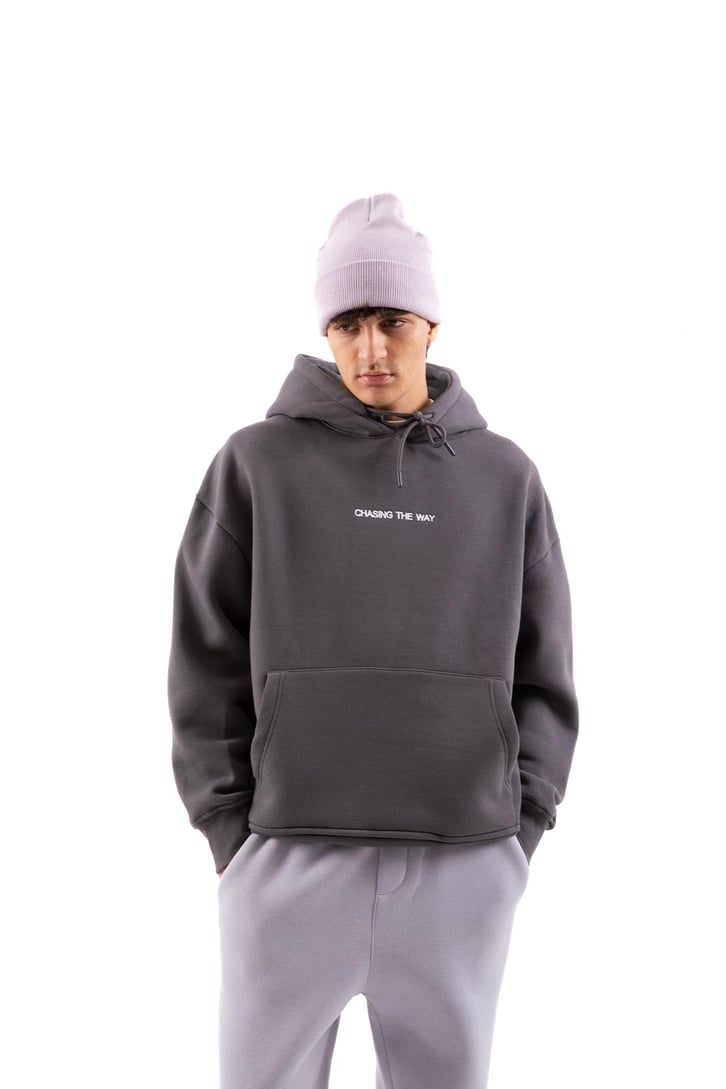Minimal Text Baskılı Koyu Gri Oversize Sweatshirt