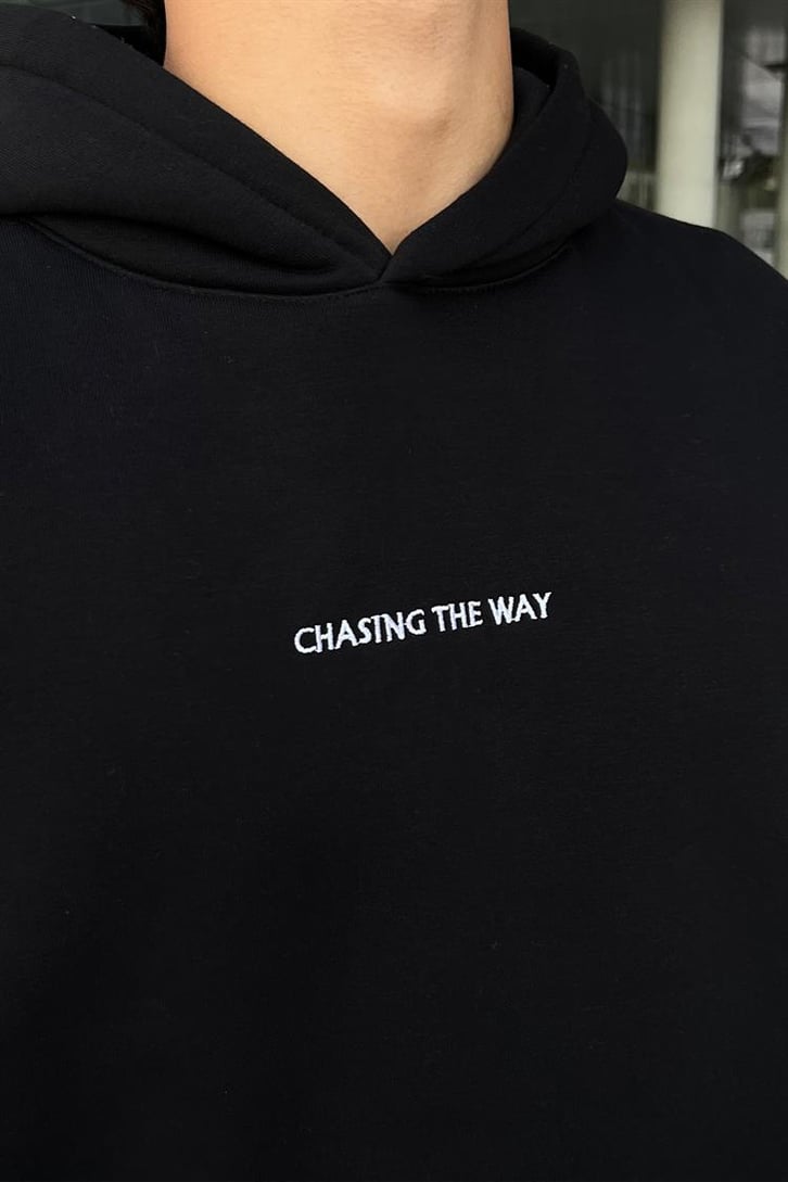 Minimal Text Baskılı Siyah Oversize Hoodie