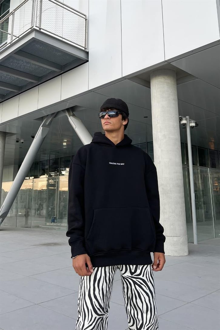 Minimal Text Baskılı Siyah Oversize Hoodie