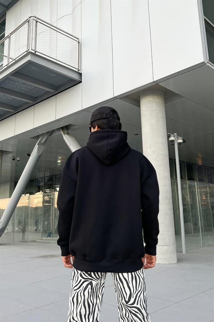 Minimal Text Baskılı Siyah Oversize Hoodie