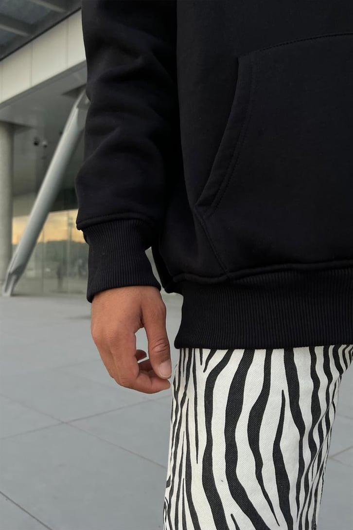 Minimal Text Baskılı Siyah Oversize Hoodie