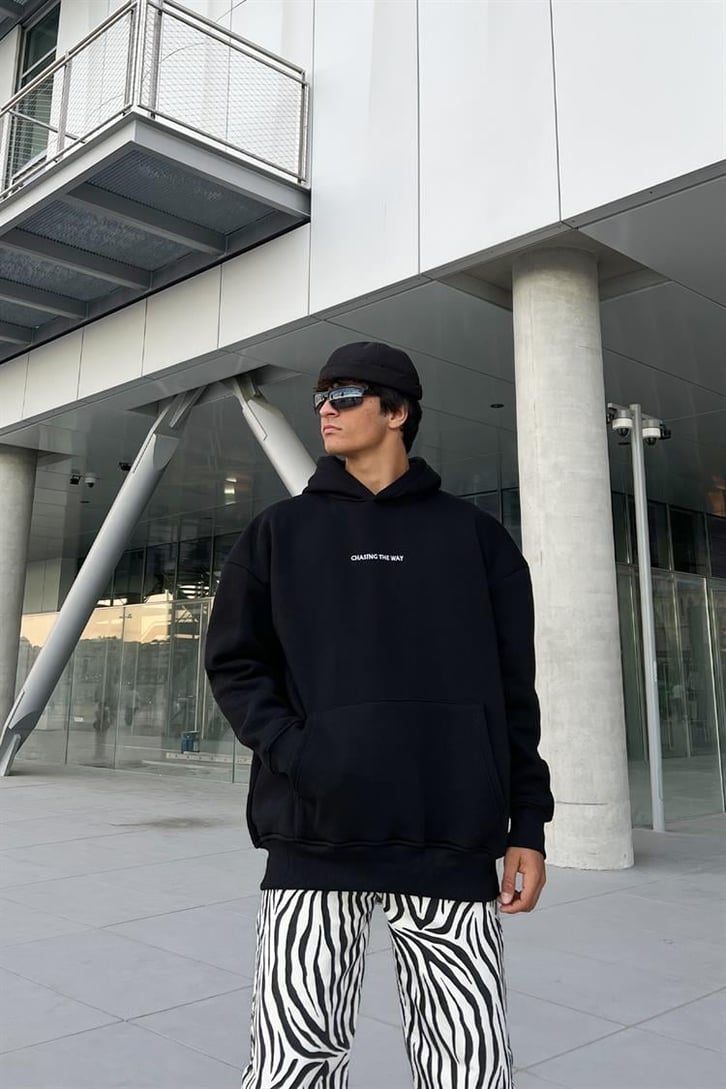 Minimal Text Baskılı Siyah Oversize Hoodie