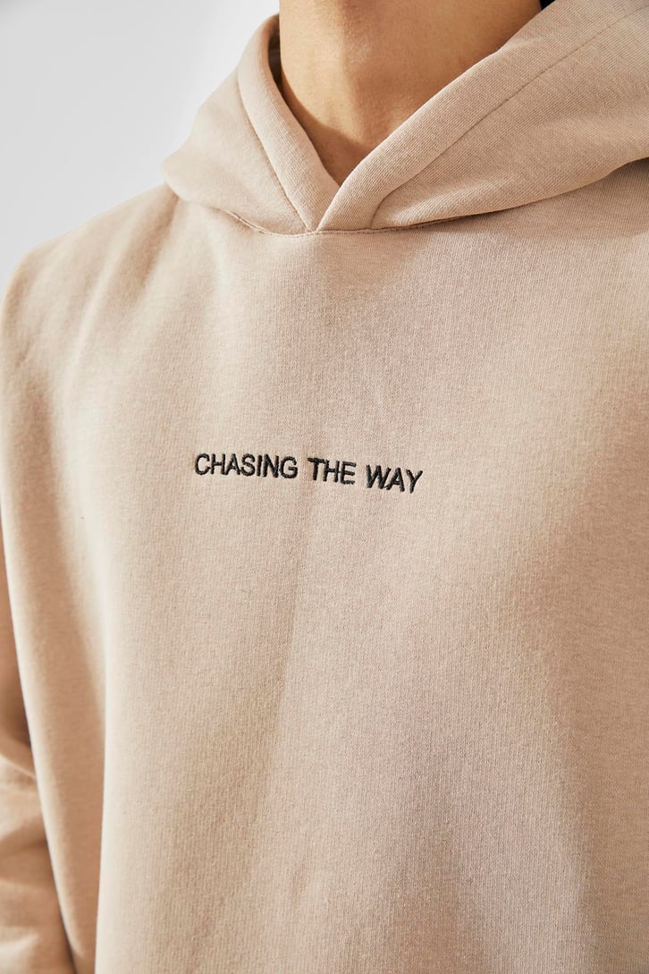Minimal Text Baskılı Taş Rengi Oversize Sweatshirt
