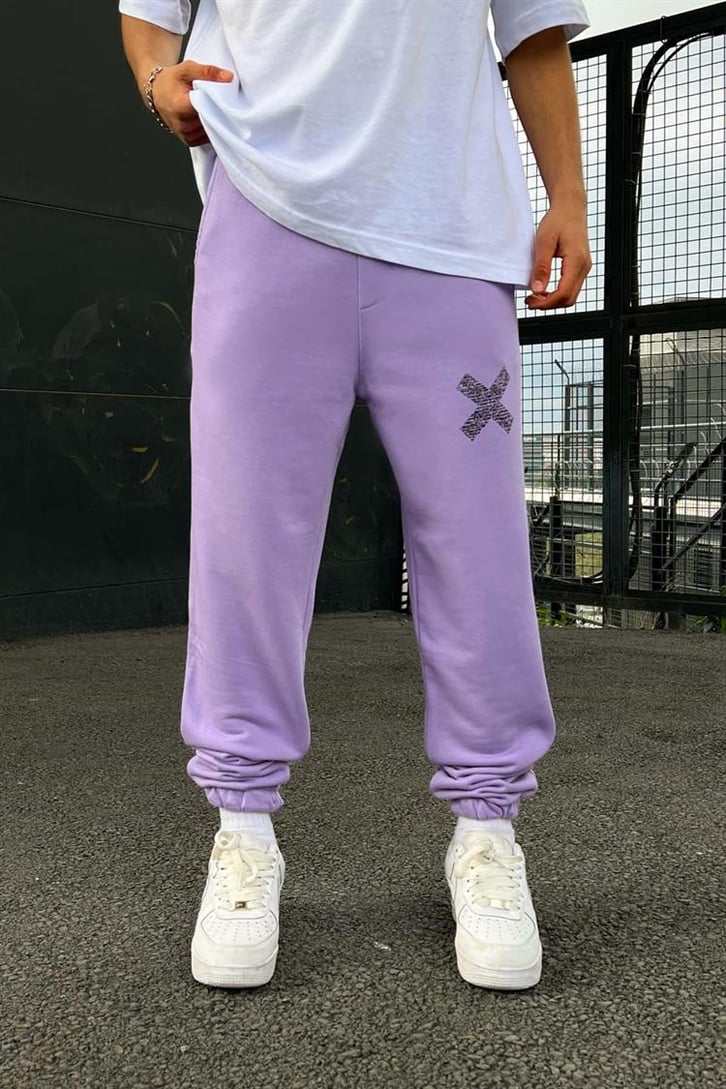 Minimal X Baskılı Lila Jogger Fit Eşofman