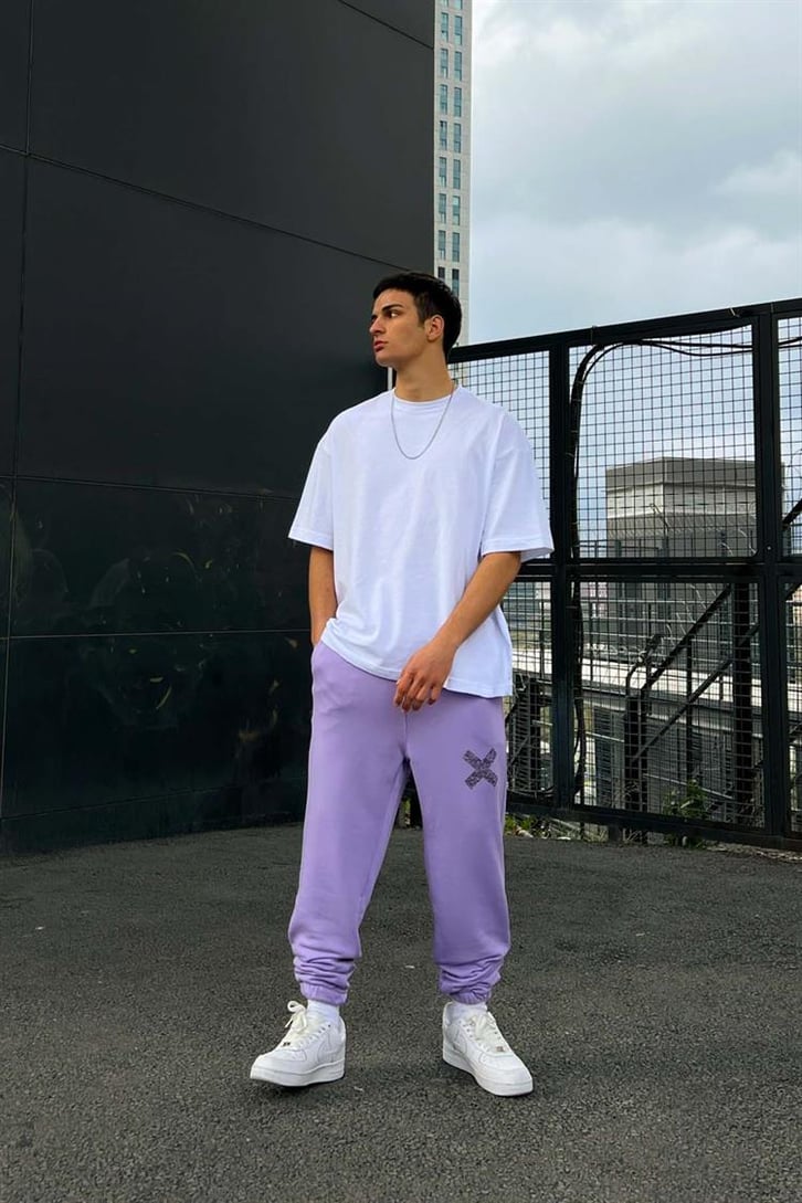 Minimal X Baskılı Lila Jogger Fit Eşofman