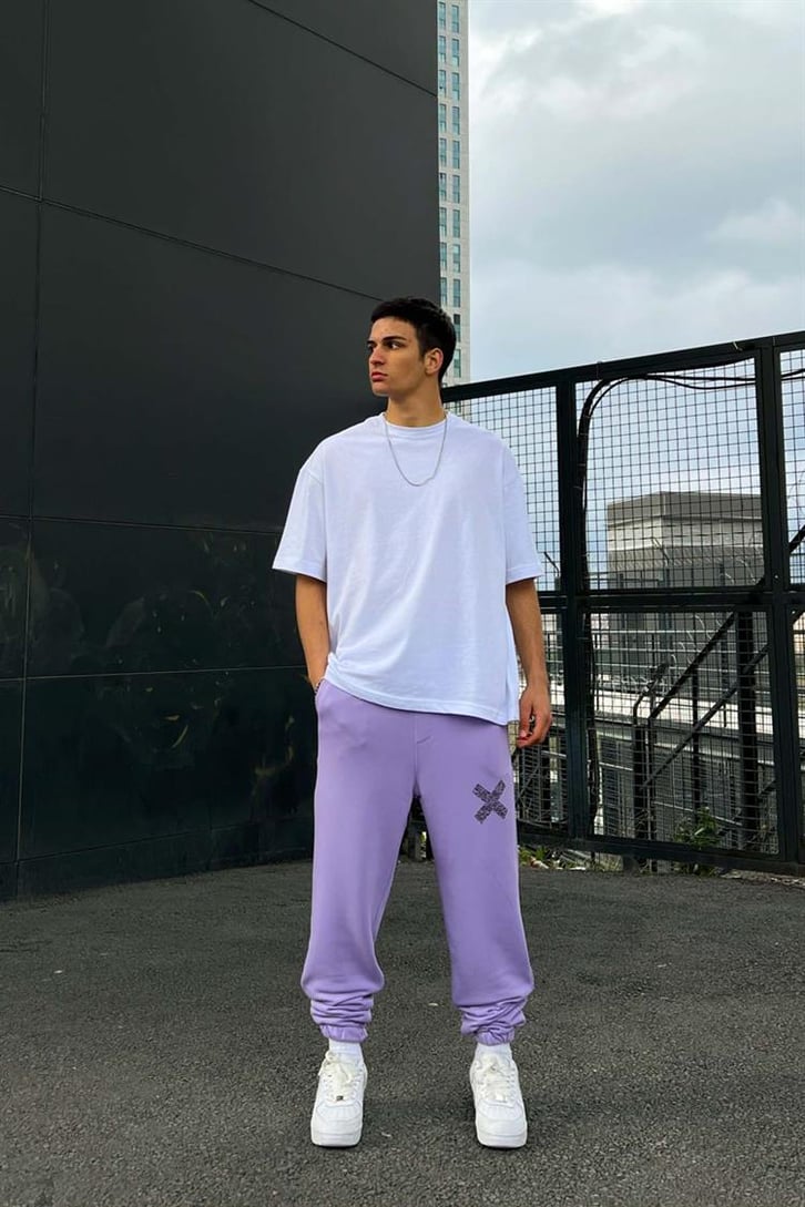 Minimal X Baskılı Lila Jogger Fit Eşofman