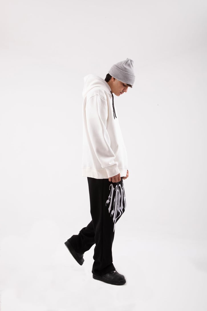 Minitext Baskılı Beyaz Oversize Hoodie