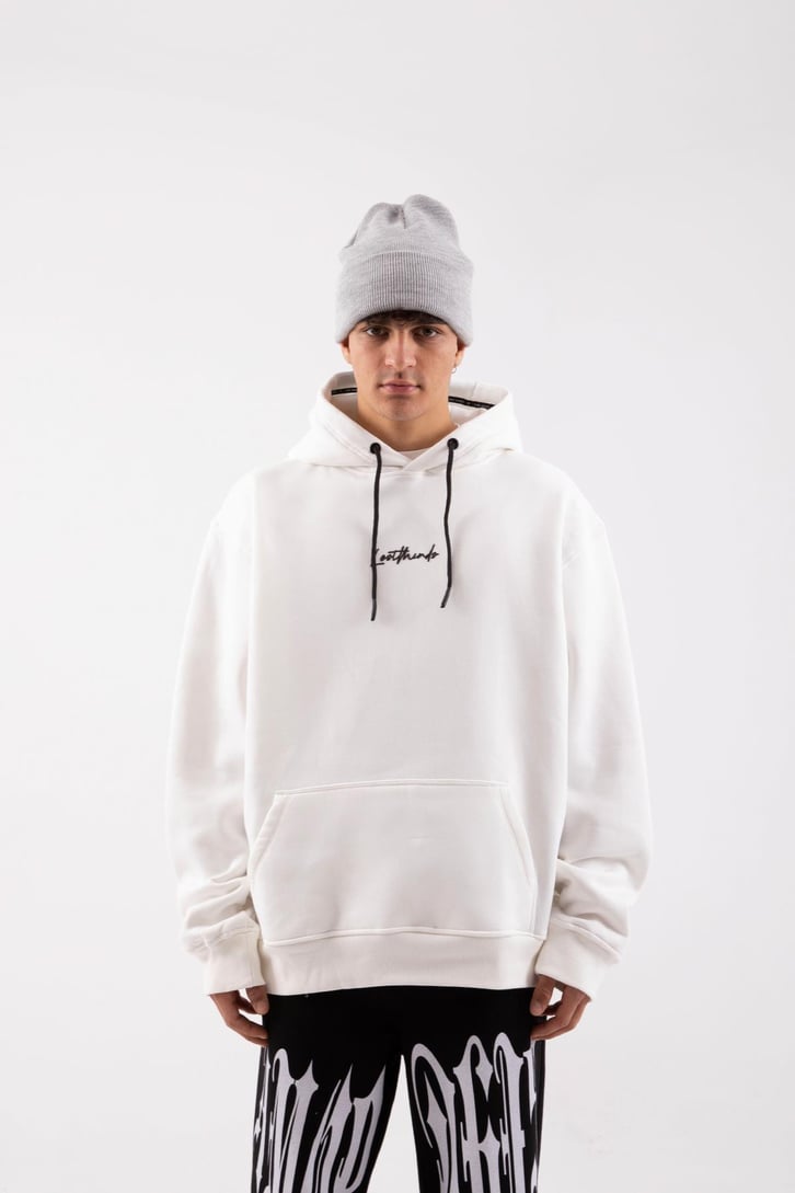 Minitext Baskılı Beyaz Oversize Hoodie