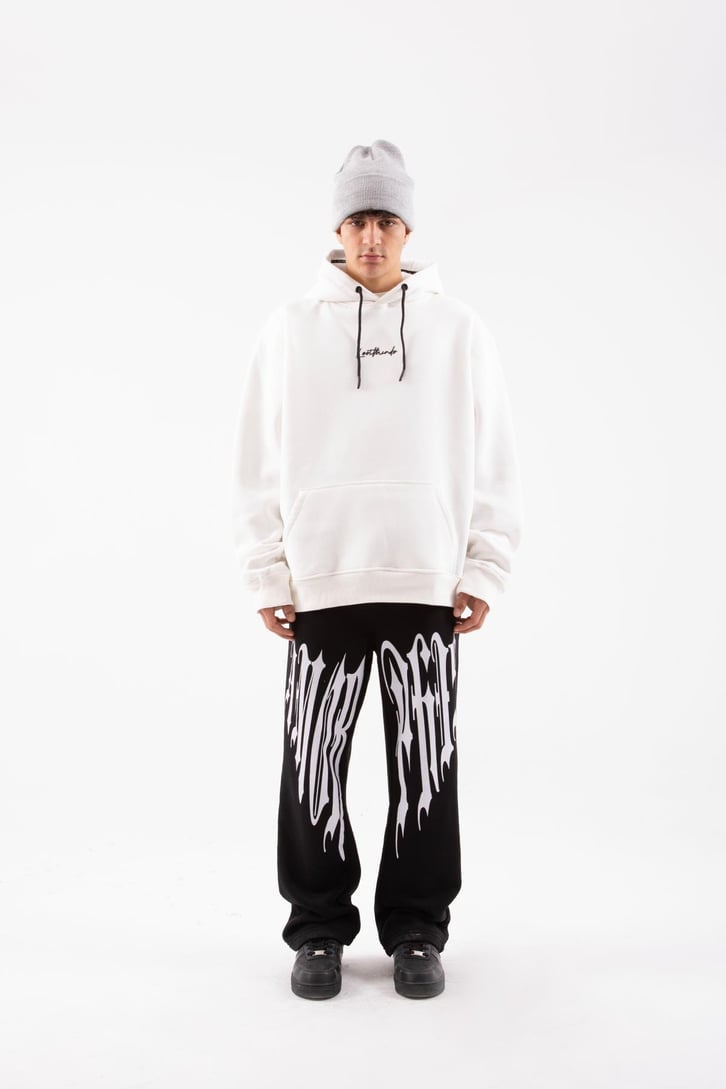 Minitext Baskılı Beyaz Oversize Hoodie