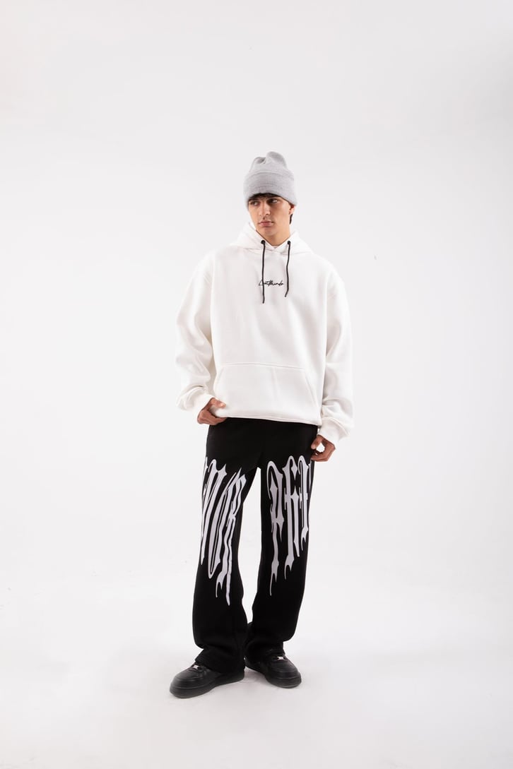 Minitext Baskılı Beyaz Oversize Hoodie