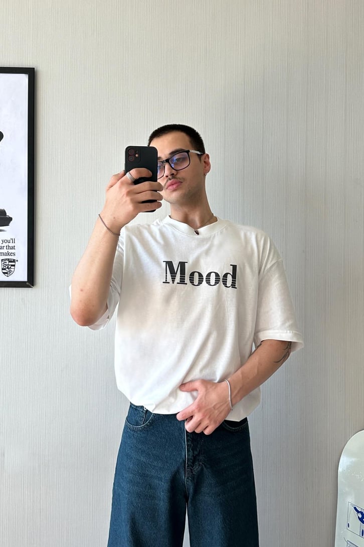 Mood Baskılı Beyaz Oversize Tişört