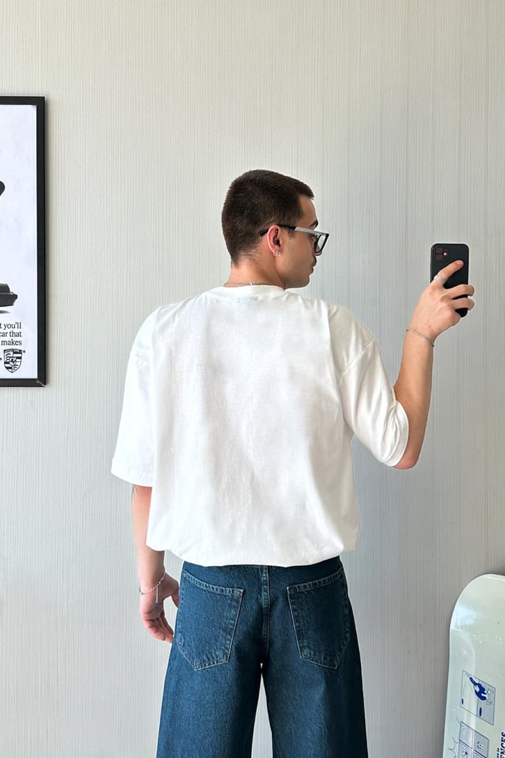 Mood Baskılı Beyaz Oversize Tişört