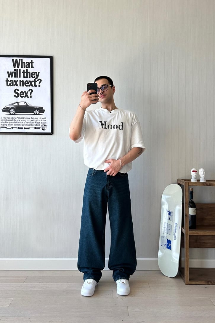 Mood Baskılı Beyaz Oversize Tişört
