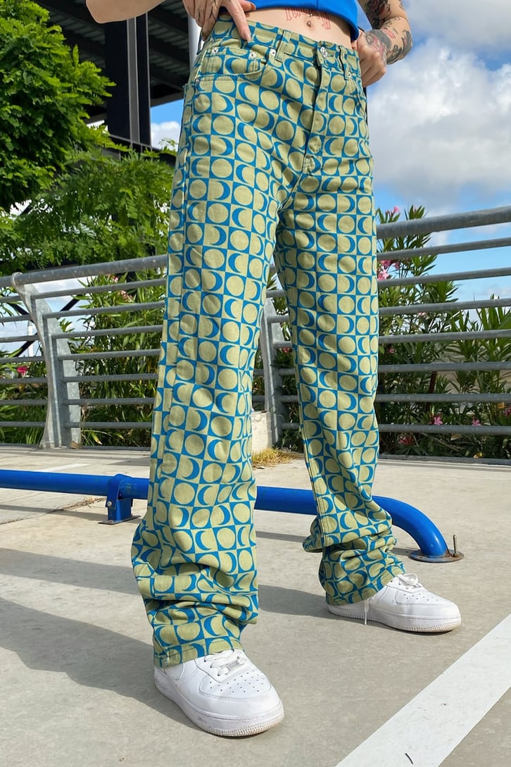 Moon Desenli Yeşil Baggy Jean