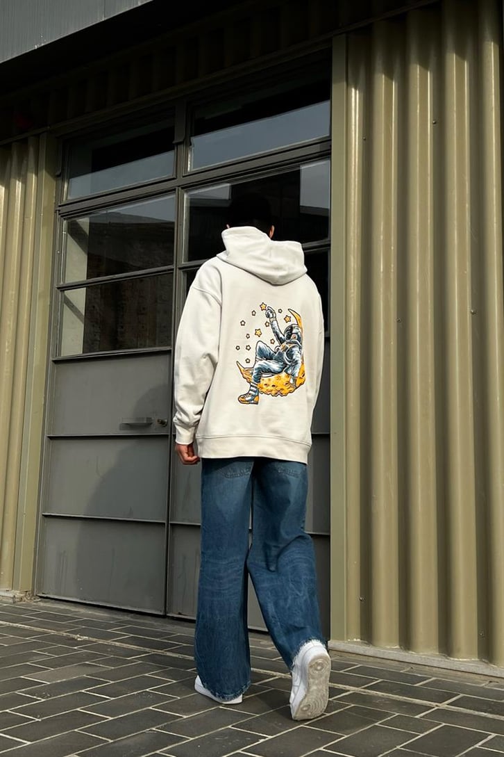 Moon Sırt Baskılı Buz Gri Oversize Hoodie