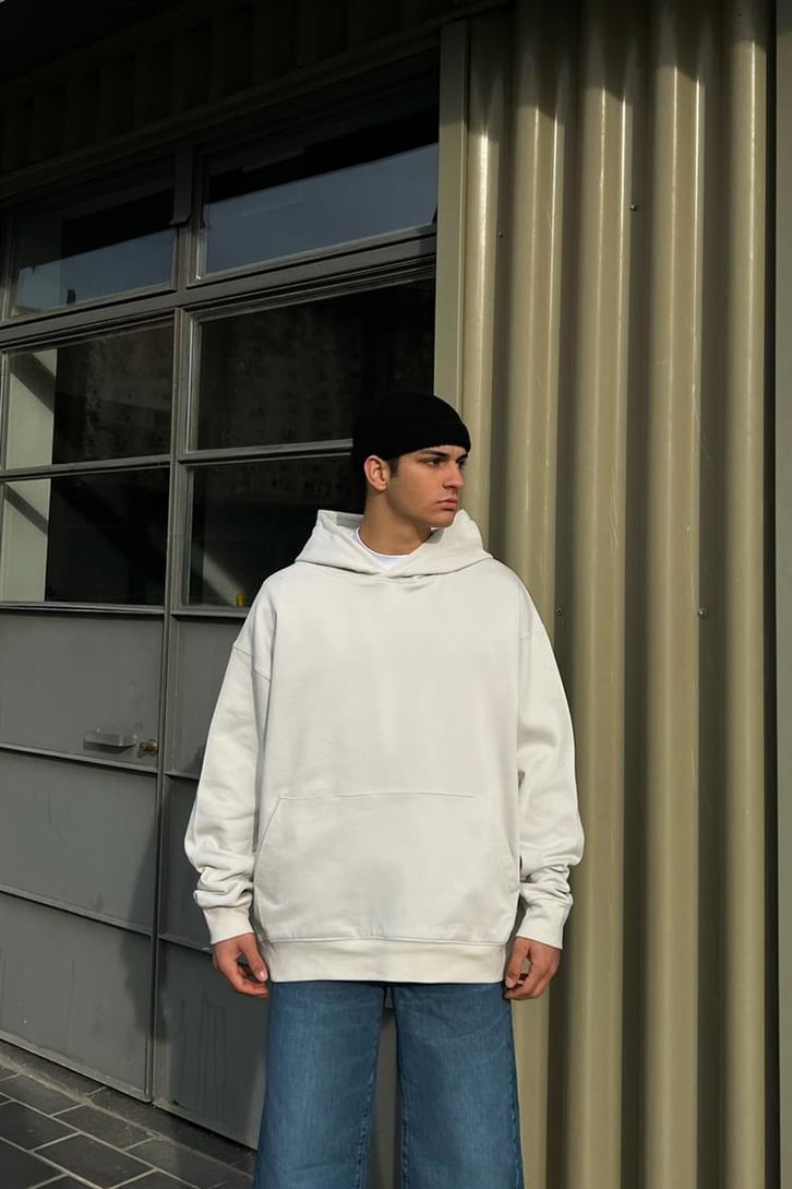 Moon Sırt Baskılı Buz Gri Oversize Hoodie