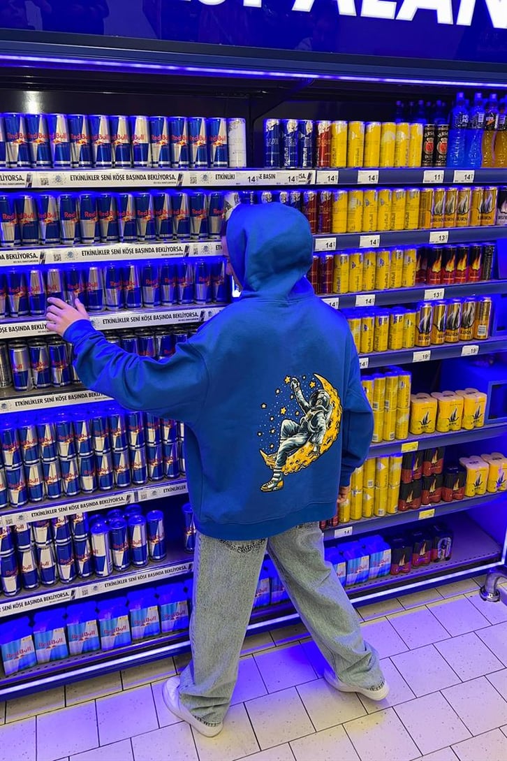 Moon Sırt Baskılı Saks Mavisi İçi Pamuklu Oversize Hoodie