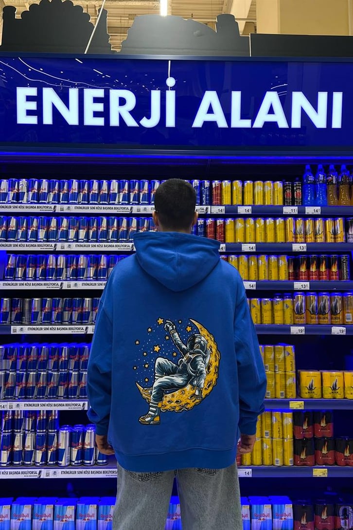 Moon Sırt Baskılı Saks Mavisi İçi Pamuklu Oversize Hoodie