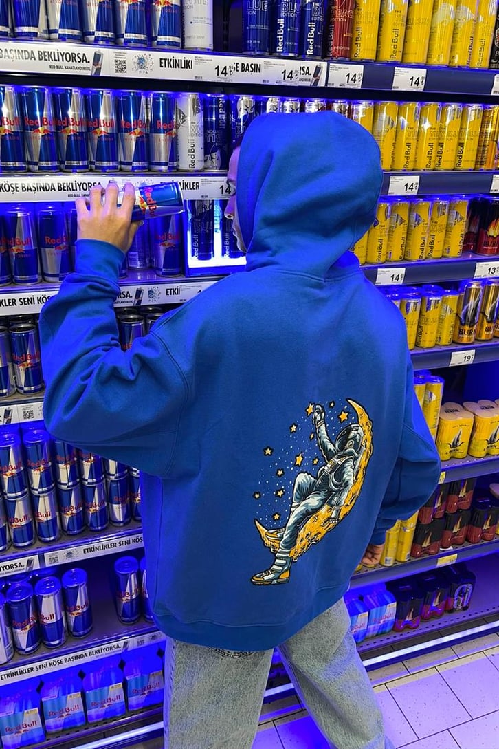 Moon Sırt Baskılı Saks Mavisi İçi Pamuklu Oversize Hoodie